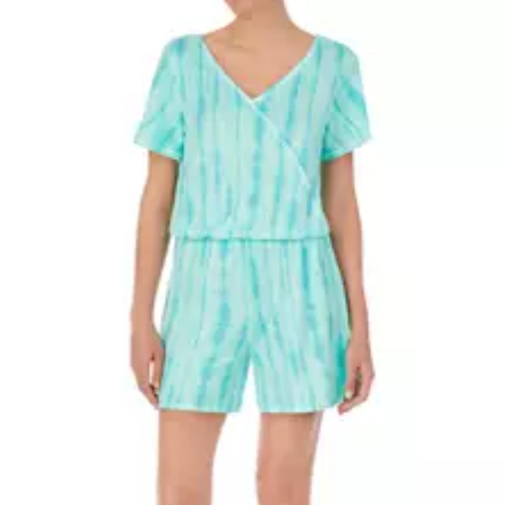 Cuddl Duds Comfy Shorts Romper Aqua Blue Green Soft Comfortable Med.
